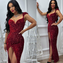Velour Sequin Halter Split Maxi Dress NY-K3252