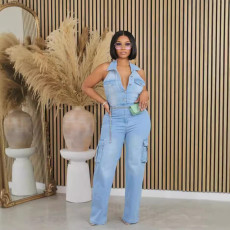 Washed Sleeveless Halter Denim Jumpsuit MEM-MZ88593