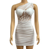 Slant Shoulder Hollow Out Pleated Mini Dress GADE-5587