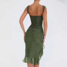 Sleeveless Tight Mesh Pleated Midi Dress GADE-5795
