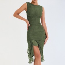 Sleeveless Tight Mesh Pleated Midi Dress GADE-5795