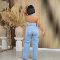 Washed Sleeveless Halter Denim Jumpsuit MEM-MZ88593