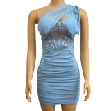 Slant Shoulder Hollow Out Pleated Mini Dress GADE-5587