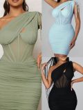 Slant Shoulder Hollow Out Pleated Mini Dress GADE-5587