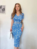 Floral Bubble Short Sleeve Split Skirt 2 Piece Set GADE-5660