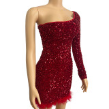 Single Shoulder Long Sleeve Sequin Mini Dress GADE-2921