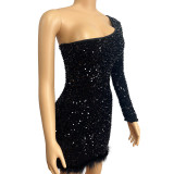 Single Shoulder Long Sleeve Sequin Mini Dress GADE-2921