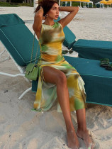 Sleeveless Print O Neck Split Maxi Dress GADE-5647