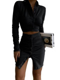 Fashion Lapel Solid Color Pleated 2 Piece Skirt Set GADE-2713