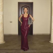 U Neck Sling PU Leather Split Long Dress XEF-53739