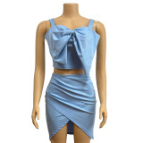 Solid Color Bow Sling Top Two Piece Skirt Set GADE-5636