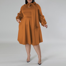 Plus Size Scarf Bubble Sleeve Midi Dress GDAM-J8001