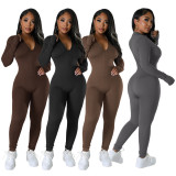 Long Sleeve Solid Zipper Sport Jumpsuit GXYF-H0419