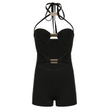 Solid Hollow Out Hang Neck Lace-Up Romper YUEM-Y11051