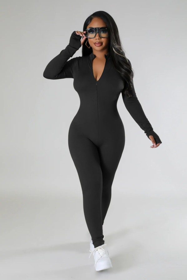 Long Sleeve Solid Zipper Sport Jumpsuit GXYF-H0419