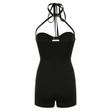 Solid Hollow Out Hang Neck Lace-Up Romper YUEM-Y11051
