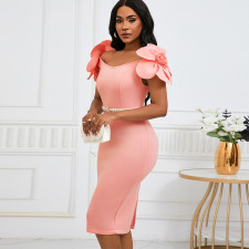 3D Floral Solid Color Belt Party Dress GATE-D528