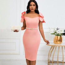 3D Floral Solid Color Belt Party Dress GATE-D528