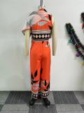 Printed Slash Shoulder Irregular Split Wide Leg Jumpsuit NY-10885