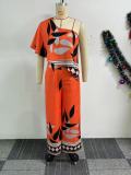 Printed Slash Shoulder Irregular Split Wide Leg Jumpsuit NY-10885