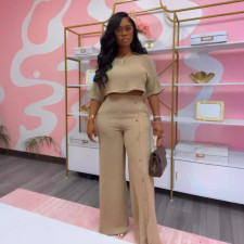Solid Color Short Sleeve Wide Leg Pants Two Piece Set NY-10887