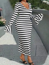 Black White Stripe Tight Ruffles Long Dress GFMA-0423