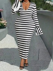Black White Stripe Tight Ruffles Long Dress GFMA-0423