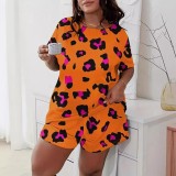 Plus Size Leopard Print Short Sleeve Loungewear Shorts Set GXMB-TL9853X_OR