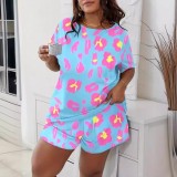 Plus Size Leopard Print Short Sleeve Loungewear Shorts Set GXMB-TL9853X_OR