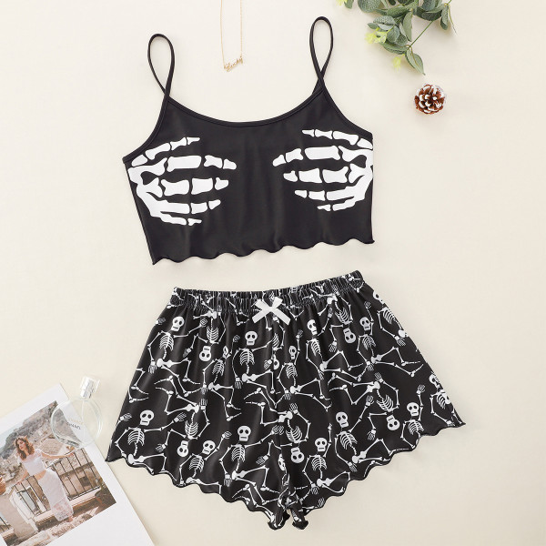 Skull Skeleton Printed Shorts Loungewear Set GXMB-TL9443_VT