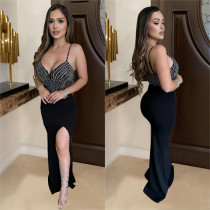 Sleeveless V Neck Sling Hot Drill Maxi Dress BY-7046