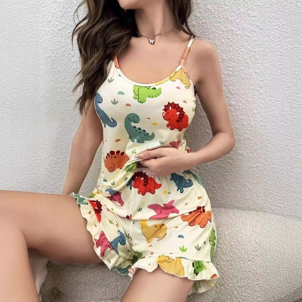 Dinosaur Print Camisole Ruffle Shorts Loungewear Pajama Set GXMB-TL9839_CL