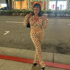 Leopard Print Hooded Zipper Two Piece Pants Set XEF-50103