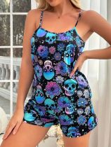 Halloween Skull Print Camisole Top Loungewear Set GXMB-TL9904_CL