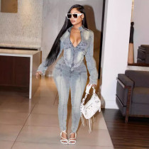 Long Sleeve Zipper Denim Jumpsuit MEM-88595