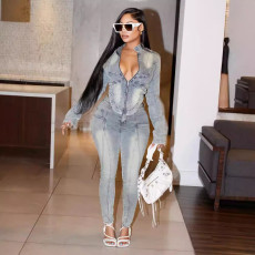 Long Sleeve Zipper Denim Jumpsuit MEM-88595