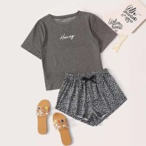 Casual Print O Neck Home Pajamas Two Piece Set GXMB-9694