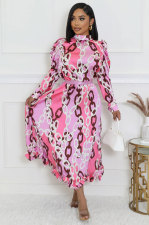 Casual Print Long Sleeve Loose Midi Dress XHXF-431