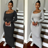 Square Neck Solid Color Slim Maxi Dress LSD-1813