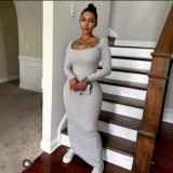 Square Neck Solid Color Slim Maxi Dress LSD-1813