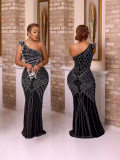 Solid Hot Drill Slash Neck Long Dress GADE-8397