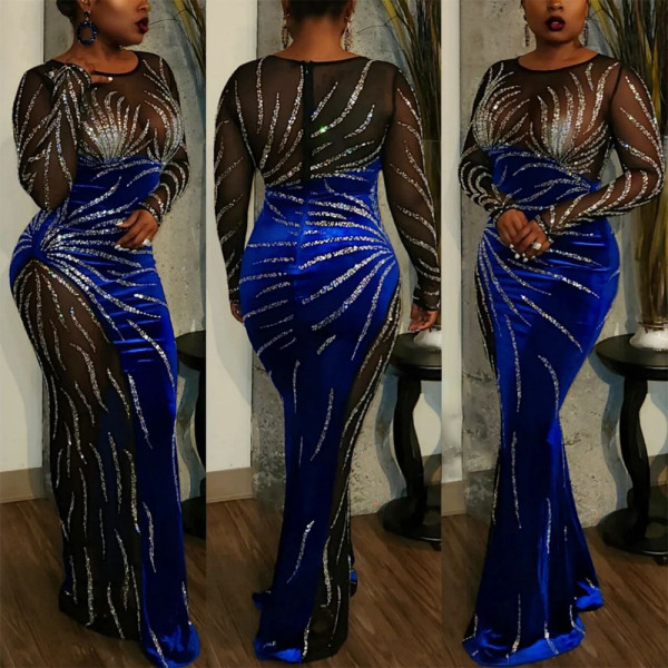 Mesh Splicing See Through Hot Drill Maxi Dress CYA-901384