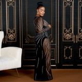 Mesh Splicing See Through Hot Drill Maxi Dress CYA-901384