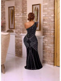 Solid Hot Drill Slash Neck Long Dress GADE-8397