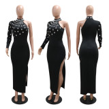 Hot Drill Single Shoulder Long Sleeve Split Maxi Dress CYA-901303