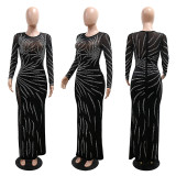 Mesh Splicing See Through Hot Drill Maxi Dress CYA-901384