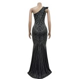 Solid Hot Drill Slash Neck Long Dress GADE-8397