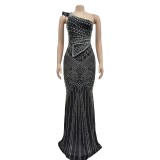 Solid Hot Drill Slash Neck Long Dress GADE-8397