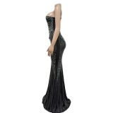 Solid Hot Drill Slash Neck Long Dress GADE-8397