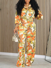 Print Long Sleeve Shirt Wide Leg Pants Suit GMLF-3293